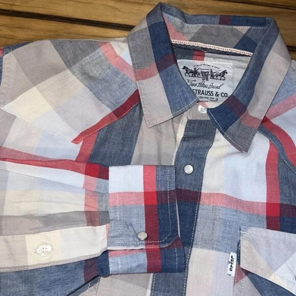 Levis Pearl Snap Shirt Mens Size Medium Western Plaid Blue Grey Red Button Up